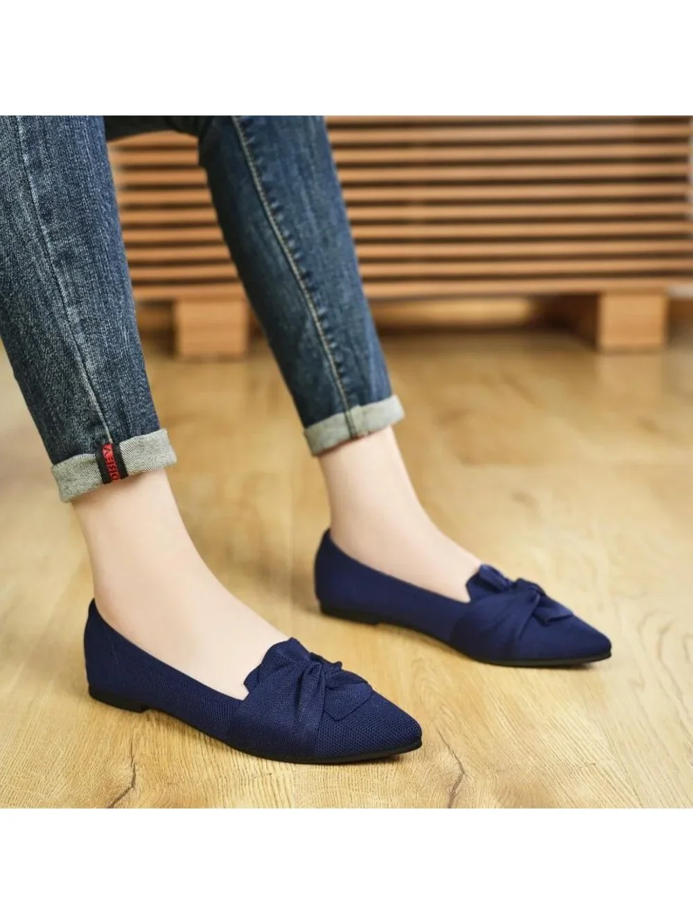Women's Navy Pointed Toe Ballet Flats with Bow Comfortable Knit Dressy Shoes